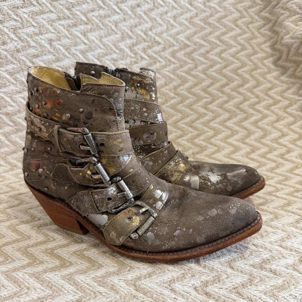 Liberty Boot Co Amy Studded Buckle Leather Western Ankle Booties